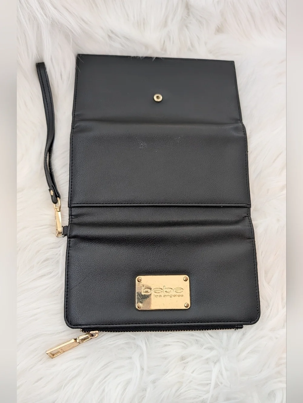 bebe Black Faux Leather Wristlet Wallet with Gold Plate